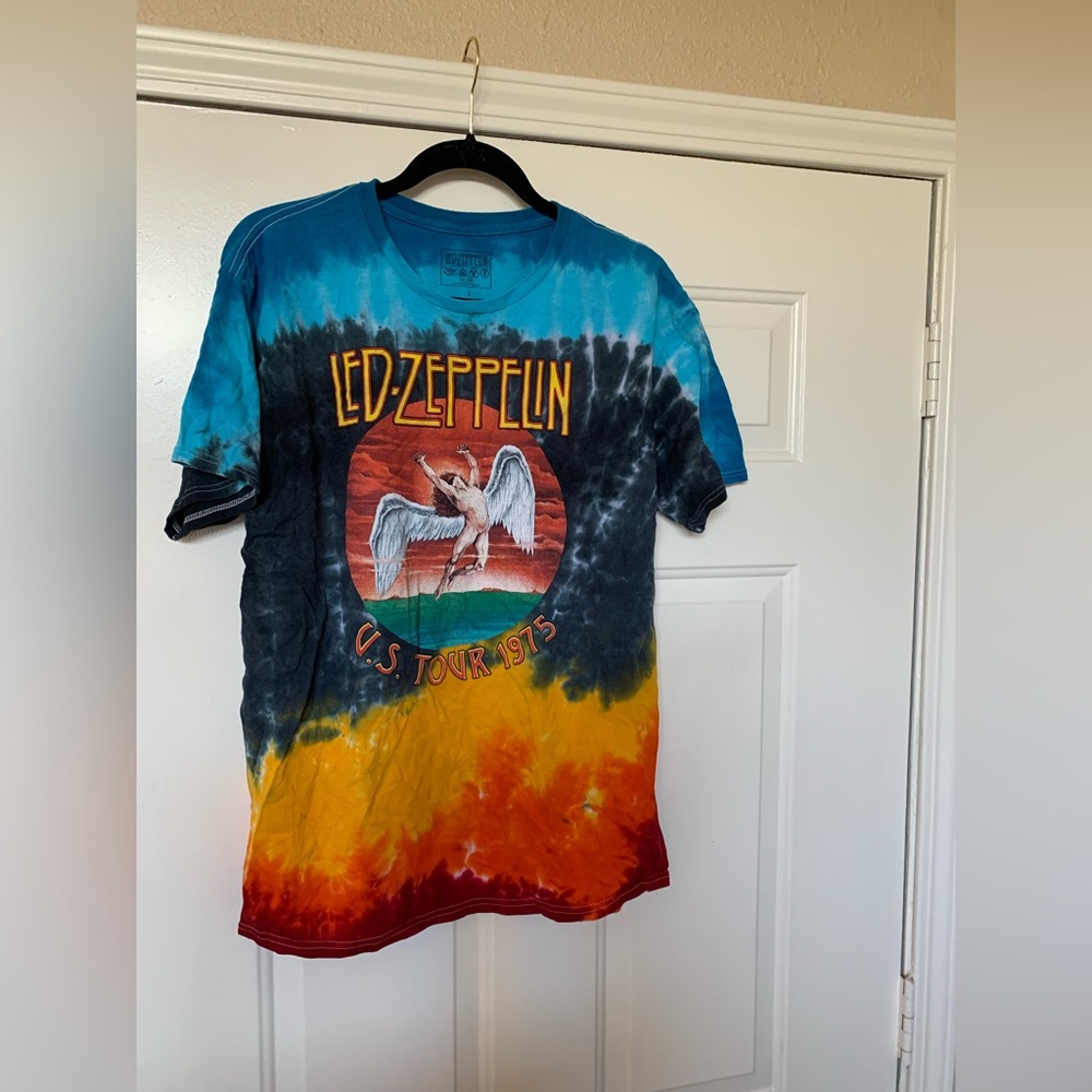 Led Zeppelin US Tour 1975 Retro Tie-Dye Short Sleeve Band Tee Shirt Top 🌴